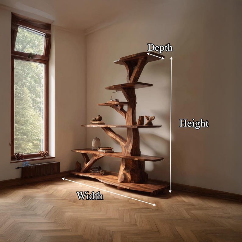 K&ouml;nnte beinhalten: Ein handgefertigtes B&uuml;cherregal aus Holz mit einem baumartigen Design. Die Regale sind in verschiedenen Gr&ouml;&szlig;en und Formen gehalten, und die Gesamth&ouml;he betr&auml;gt etwa 213 cm. Das B&uuml;cherregal ist aus einem satten, dunklen Holz gefertigt und steht in einem Raum mit Fenster.