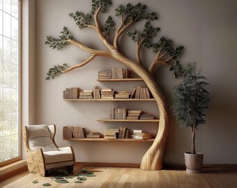 Estantería de árbol: madera natural, decoración vintage