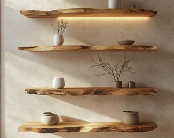 Estante flotante de borde natural, estantes de madera personalizados, decoración rústica de pared, estante para plantas, estanterías, estante de exhibición