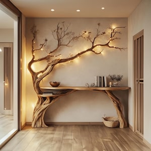 Puede incluir: Una consola de madera rústica con un diseño único en forma de rama. La mesa presenta un acabado de madera natural y está decorada con luces de cadena y un tazón pequeño. La mesa está colocada contra una pared beige claro.