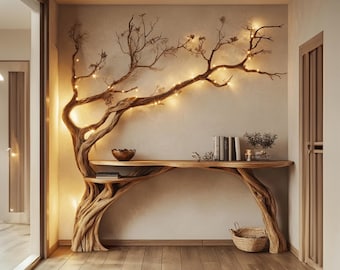 Consola rústica de madera recuperada con estantería de árbol, mesa de entrada personalizada