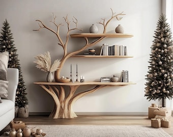 Consola estrecha con estantería de ramas de árbol, madera maciza, árbol de Navidad, estantería de mediados de siglo, montaje en pared, decoración navideña, regalos de Navidad