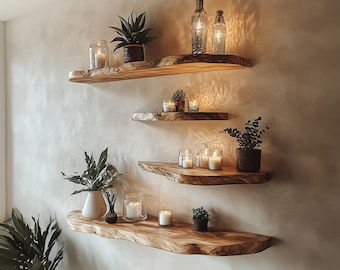 Estante flotante de madera con borde natural hecho a mano: decoración de pared para esquinas