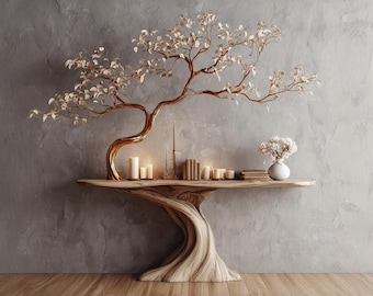Gran mesa consola rústica con forma de árbol, librería, aparador de madera reciclada, armario de entrada, consola de granja, mesa de recibidor rústica