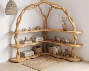 Corner Bookcase Display Shelf Standing Bookshelf Handmade Furniture Rustic Bookcase Decor