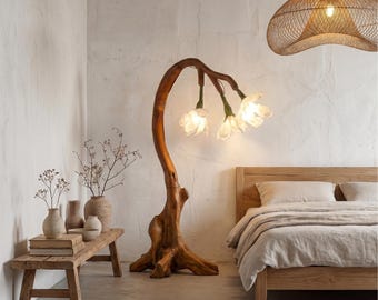 Luminária de chão em formato de flor, luminária alta para sala de estar, móvel artesanal, decoração natural para casa.