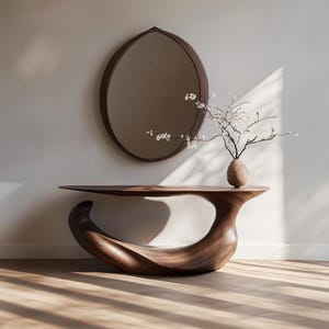 May include: A dark wood console table with a unique, organic shape. The table has a curved, wave-like design and a smooth, polished finish. A round, oval-shaped mirror hangs above the table. A vase with white flowers sits on the table.