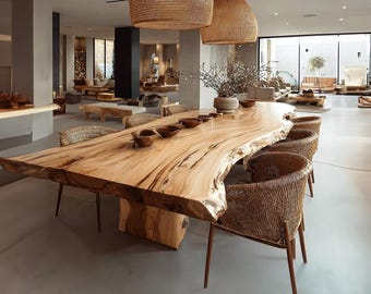 Custom Solid Wood Dining Table Live Edge Rustic Dining Room Centerpiece, Natural Wood Table Modern Home Decor Gift