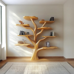 Solid Wood Tree Bookshelf: Rustic Vintage Wall Decor