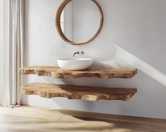 Estante flotante de madera con borde natural: almacenamiento rústico para tocador de baño