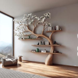 Rustic Tree Bookshelf Wooden Book Tree Shelf Unique Wall-Mounted Bookcase Natural Wood Furniture Home Office Decor Gift Her