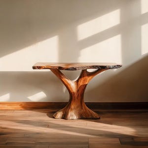 May include: A handcrafted wooden table with a unique tree-trunk base. The tabletop has a natural, live edge, and the base is intricately carved. The table is approximately 76 cm long and 46 cm wide, with a height of 71 cm.