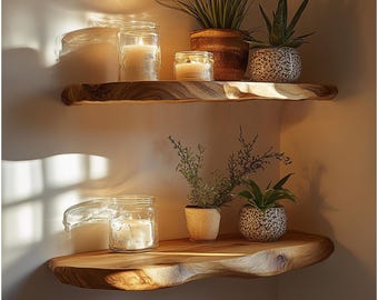 Custom Rustic Walnut Corner Shelf, Handmade Floating Wood Shelf