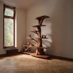 K&ouml;nnte beinhalten: Ein handgefertigtes B&uuml;cherregal aus Holz in Form eines Baumes mit mehreren unterschiedlich gro&szlig;en Regalb&ouml;den. Das B&uuml;cherregal aus dunkelbraunem Holz steht in einem Raum mit Fenster und Parkettboden. Auf den Regalen sind dekorative Gegenst&auml;nde platziert.