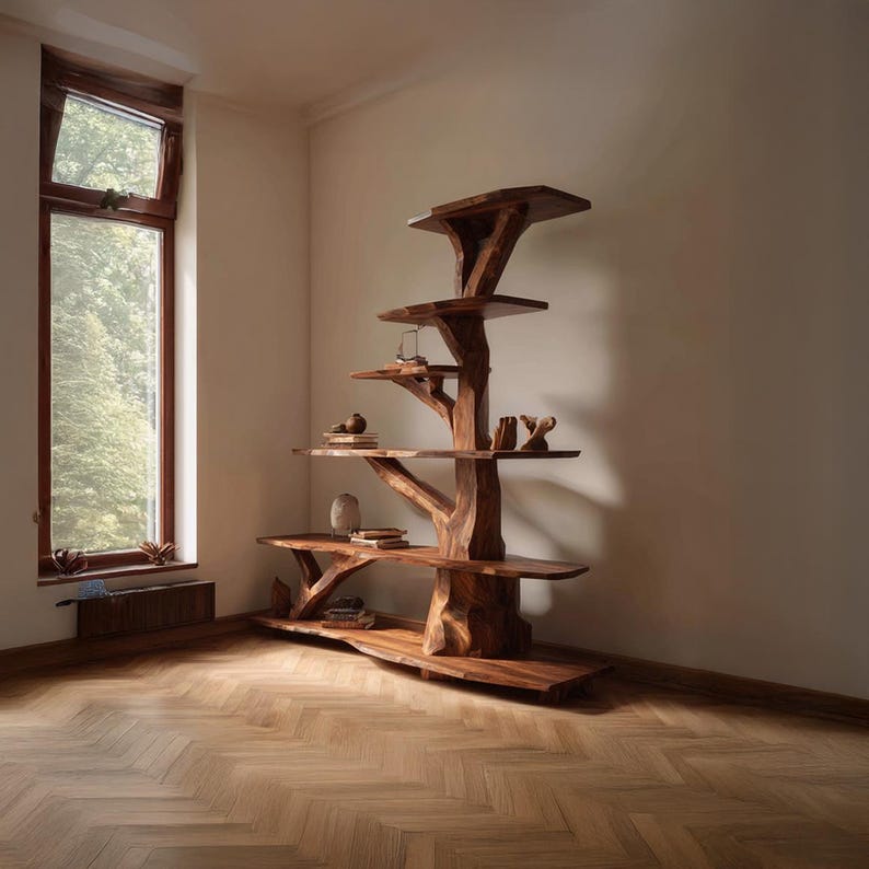 K&ouml;nnte beinhalten: Ein handgefertigtes B&uuml;cherregal aus Holz in Form eines Baumes mit mehreren unterschiedlich gro&szlig;en Regalb&ouml;den. Das B&uuml;cherregal aus dunkelbraunem Holz steht in einem Raum mit Fenster und Parkettboden. Auf den Regalen sind dekorative Gegenst&auml;nde platziert.