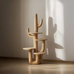 Handmade Wood Cactus Plant Stand, Indoor Cat Tower Shelf