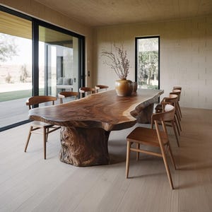 May include: A large, live-edge wooden dining table with a natural, organic shape. The table is supported by a thick, textured base and surrounded by several wooden chairs. A vase with dried branches sits on the table. The room has large windows.