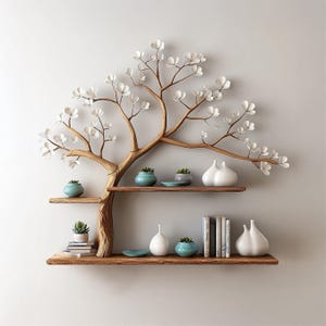 Boekenplank met drijfhoutboom: op maat gemaakte zwevende houten plank, live edge-decor