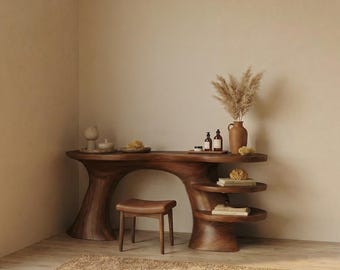 Tocador de madera rústico para dormitorio, mesa de maquillaje, mueble de madera para decoración de dormitorio.