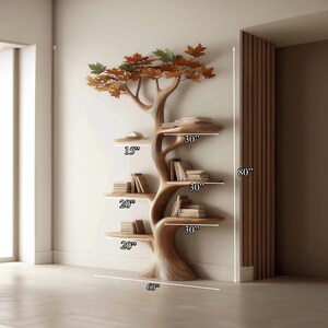 May include: A wooden tree-shaped bookshelf with multiple shelves, each holding books. The bookshelf is 80 inches tall and 60 inches wide at the base. The shelves are 15, 20, and 30 inches long. The top of the bookshelf has decorative leaves.