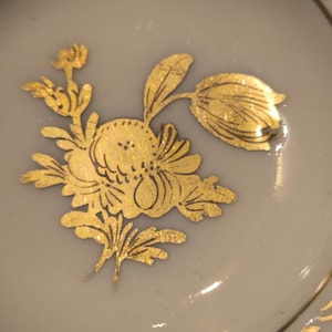 Może przedstawiać: Zbliżenie jasnoszarego ceramicznego talerza ze złotym kwiatowym wzorem. Złoty wzór przedstawia szczegółowy kwiat i liście. Obrzeże talerza ma złoty dekoracyjny brzeg.