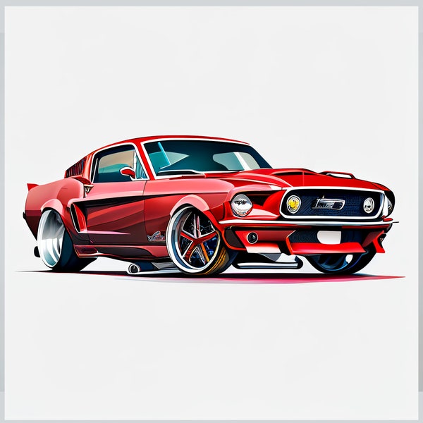 Ford Mustang Red, Clip Car Art Vector Download, PNG, ai, svg, pdf, Ford Mustang car 8K Illustration, Printable, COMMERCIAL USE