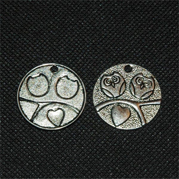 5 breloques de hibou argent rondes pendentifs métal argenté vieilli 25mm #676