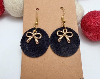 Handmade Small Suede & Gold OR Silver Bow Earrings