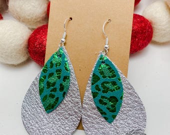 Handmade Genuine Leather Earrings – Silver & Green Leopard