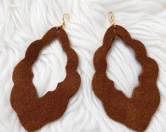 Handmade Genuine Leather Earrings – brown suede cut out