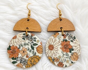 Handmade Genuine Leather & Wood Earrings – Fall Floral