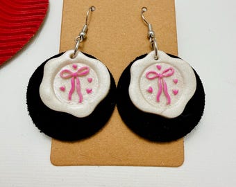 Leather and Clay Handmade Earrings | Mixed Material Earrings| clay bow on black suede leather
