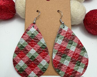 Handmade Genuine Leather Earrings – holiday plaid