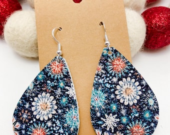 Handmade Genuine Leather Earrings – Winter Floral on navy