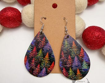 Handmade Genuine Leather Earrings – Bright Christmas Trees