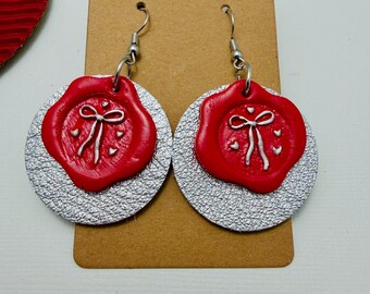 Leather and Clay Handmade Earrings | Mixed Material Earrings| clay bow on silver leather