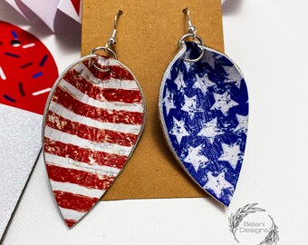 Americana, Patriotic, 4th of July - Genuine Leather & Cork Earrings "pinched"