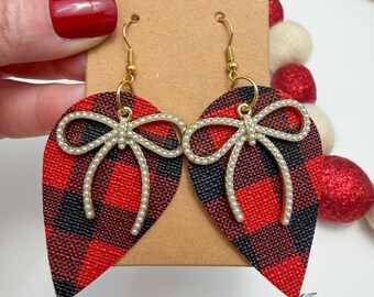 Handmade Faux Leather & Gold Bow Earrings
