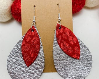 Handmade Genuine Leather Earrings – Silver & Red Leopard
