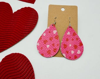 Genuine Leather Handmade Earrings | medium hearts on pink
