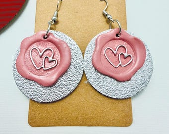 Leather and Clay Handmade Earrings | Mixed Material Earrings| clay heart on silver leather