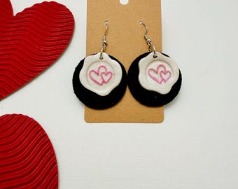 Leather and Clay Handmade Earrings | Mixed Material Earrings| clay heart on black suede leather