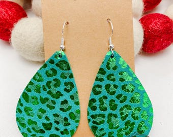 Handmade Genuine Leather Earrings – Green leopard