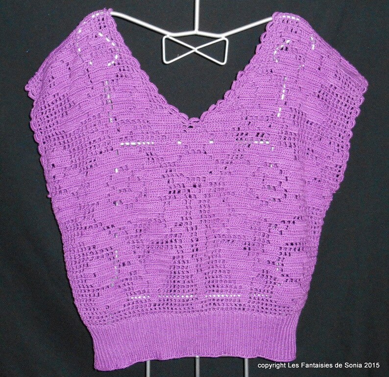 Pull sans manches en coton mauve au crochet taille 44 image 2