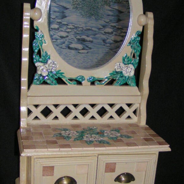 Petit meuble de rangement avec miroir décoré de fleurs peintes