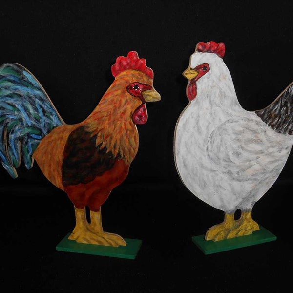 Coq et poule décoratifs en bois peints à la main