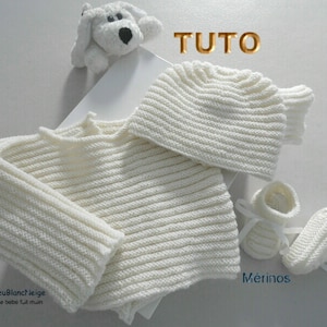 TUTORIAL – TU-114 – 1 month, EASY instructions for a bra, hat and booties, merino wool gadroon, baby knitting, knitting pattern only in French