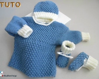 TUTO tu-420 – 3 tailles sur le même pdf - fiche tricot bébé , Explications Brassière bonnet chaussons en tutoriel modèle à tricoter