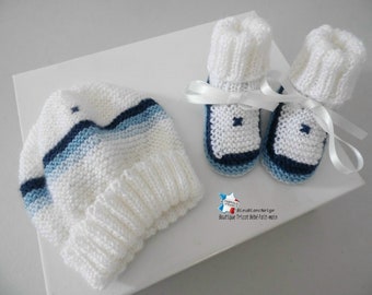 Hat and slippers 1 month - 4 colors shades blue for baby mixed satin ribbon model knitted bb layette knitted hand On ORDER