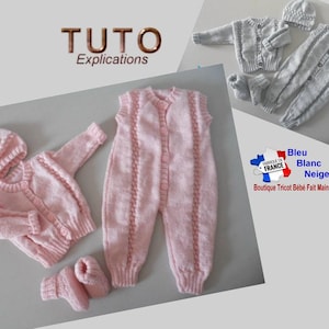 TUTORIAL tu-135 – 1 month - baby knitting pattern, Explanation of baby jumpsuit vest, hat and booties, layette knitting pattern only in French